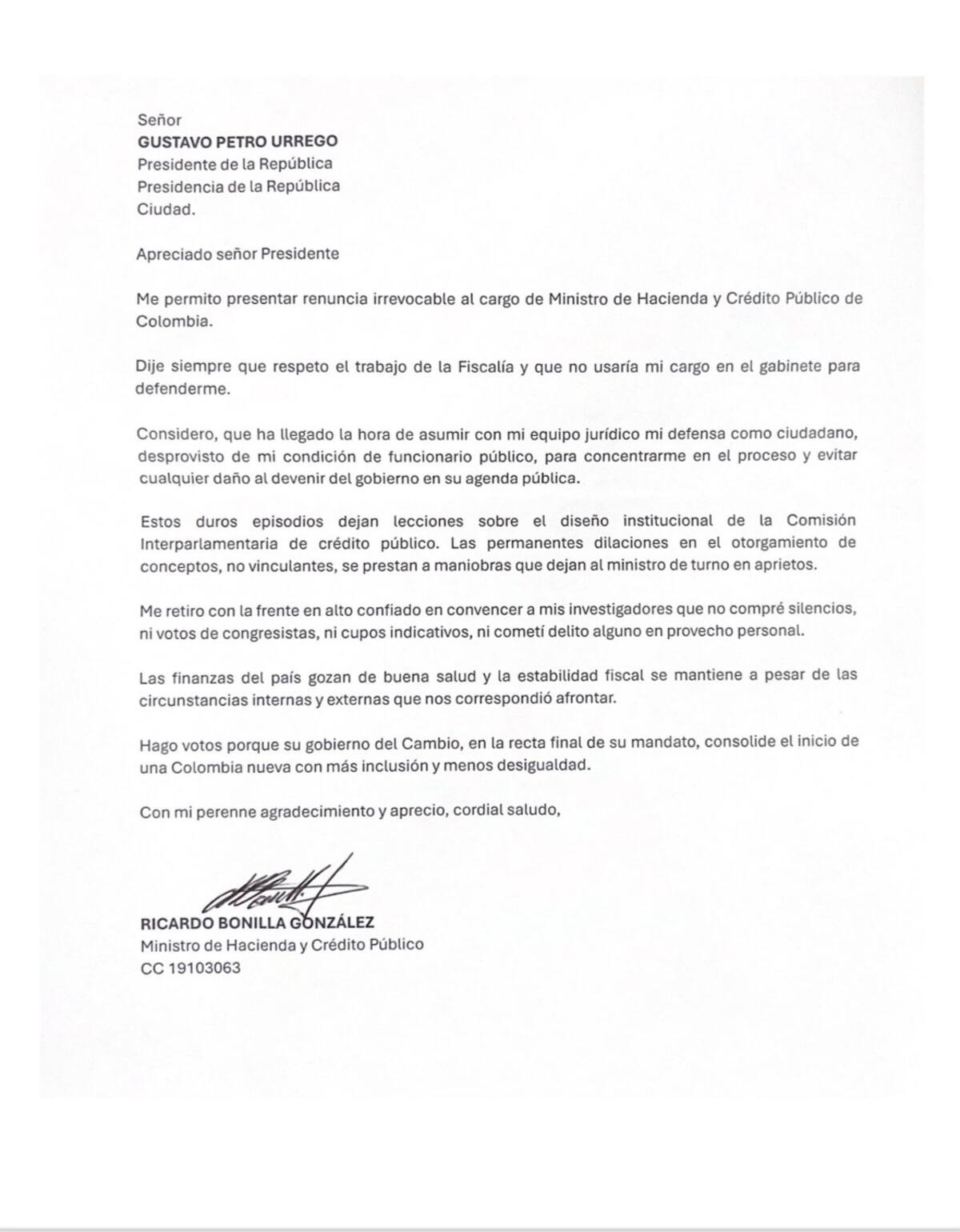 La carta de renuncia de Ricardo Bonilla. // Tomada de X