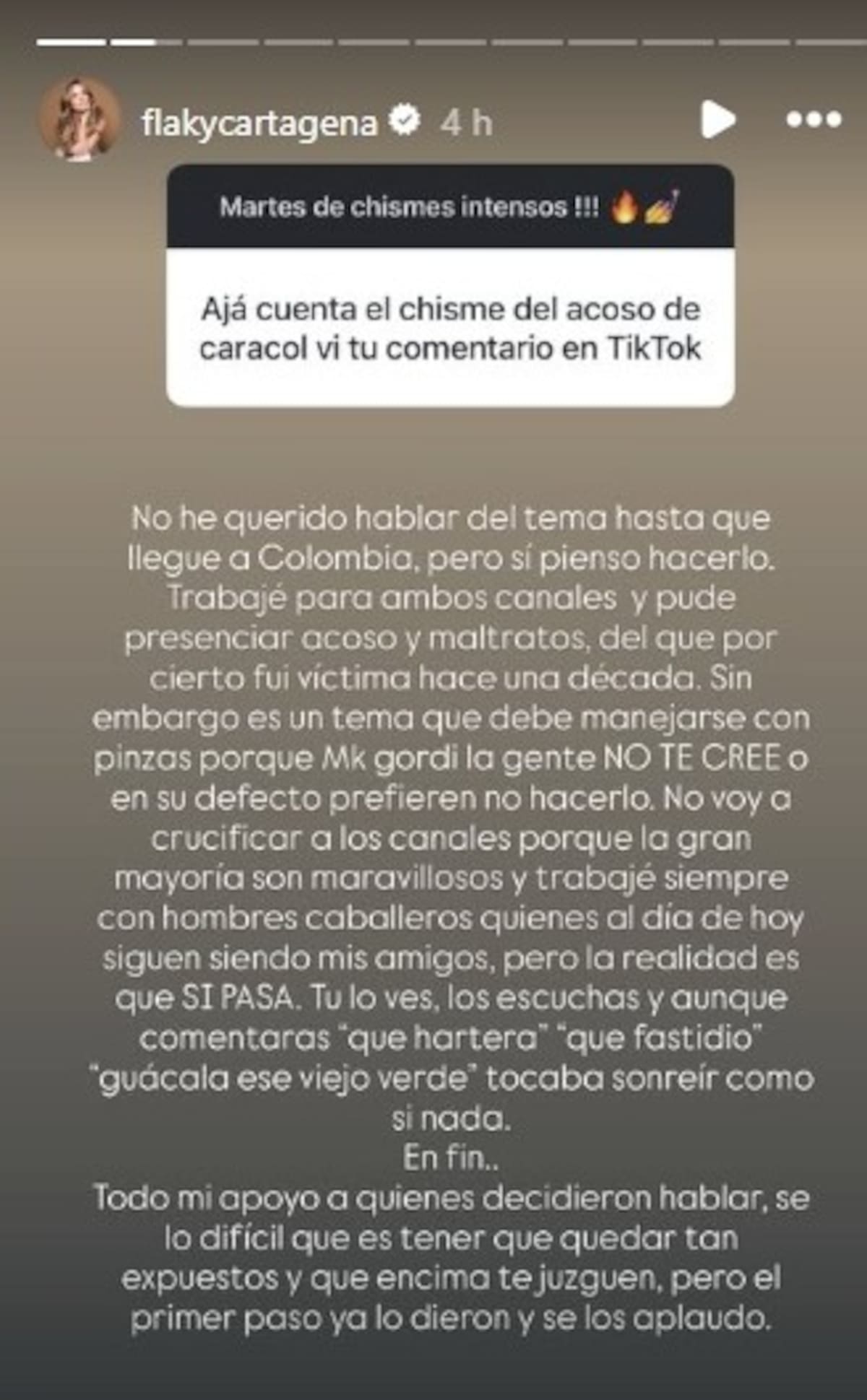 La Flaky Cartagena emitió estas declaraciones en sus historias de Instagram . // Captura