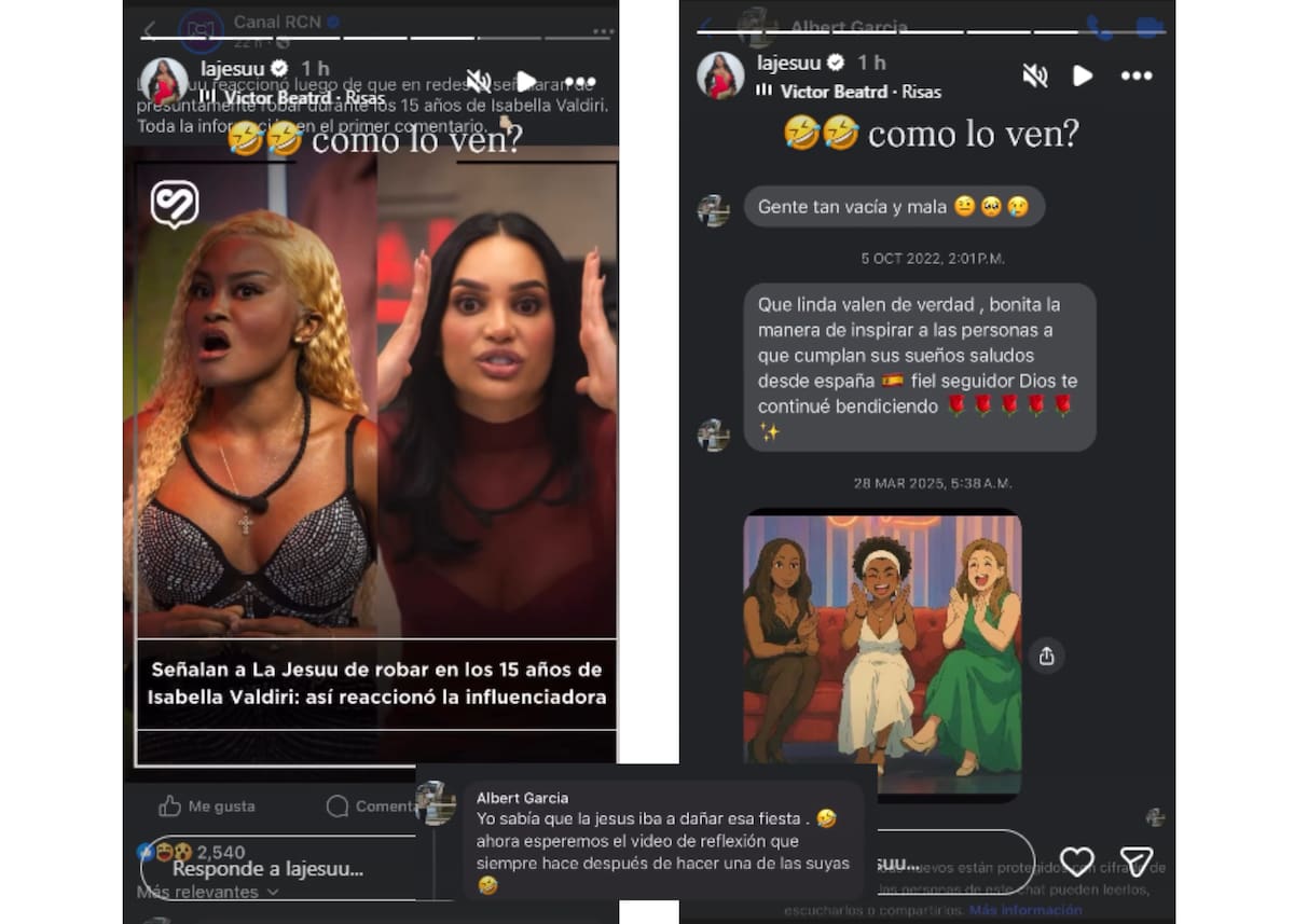 Respuesta de La Jesuu a un internauta sobre el supuesto robo en el quinceañero de la hija de Andrea Valdiri. // foto tomada de IG @lajesuu