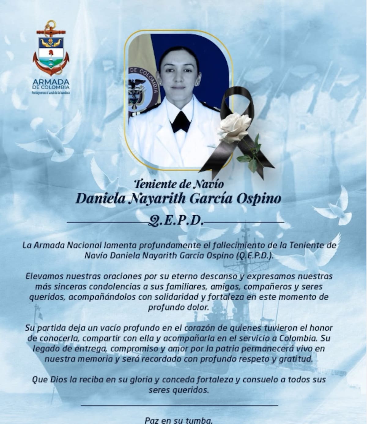 La muerte de la teniente de navío Daniela Nayarit García Ospino, de 31 años, es materia de investigación por parte de las autoridades. // Foto: Armada Nacional