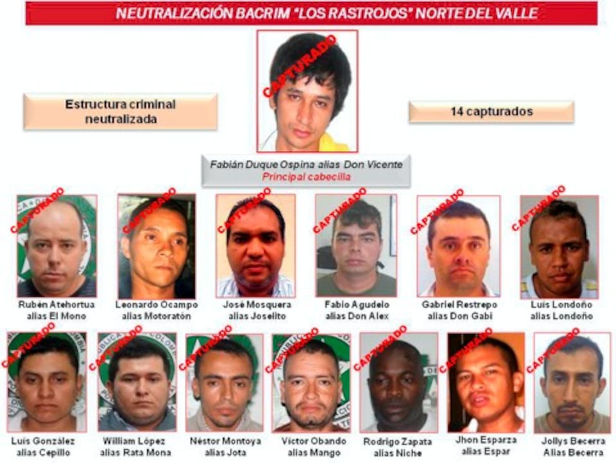 La Policía Nacional dio un duro golpe a Los Rastrojos en el norte del Valle del Cauca, con la captura de 14 presuntos delincuentes. (Colprensa-Policía Nacional).