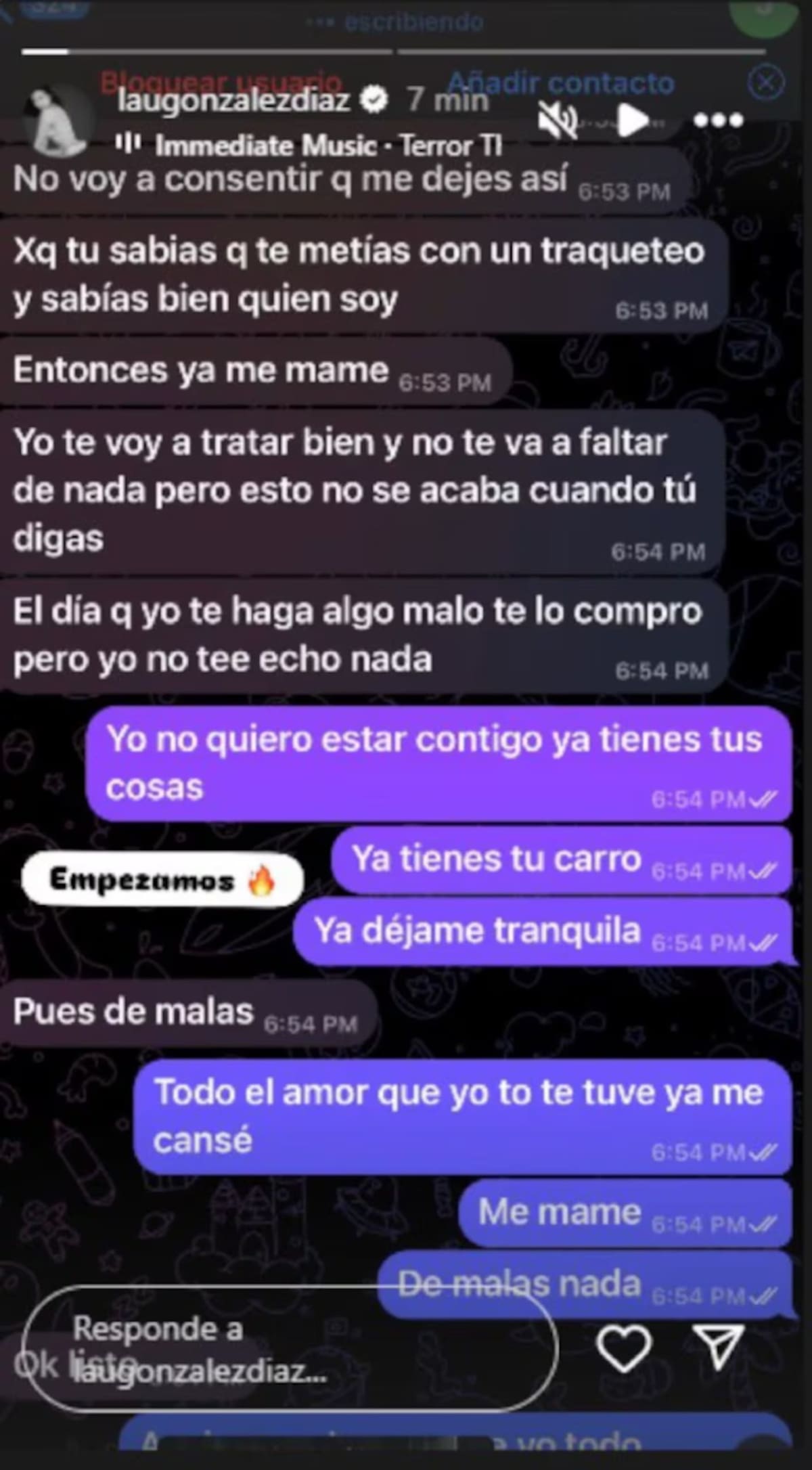 Conversación entre Laura G y su exnovio. //Foto: IG @lauragonzalezdiaz.