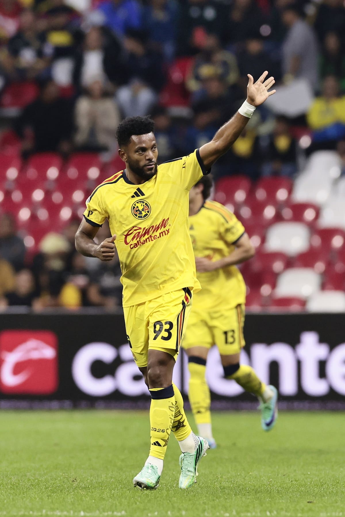 Miguel Borja de América celebra un gol durante un partido pendiente de la jornada 7 del Torneo Apertura del fútbol mexicano en el Estadio Banorte de la Ciudad de México (México). //Foto, EFE: José Méndez