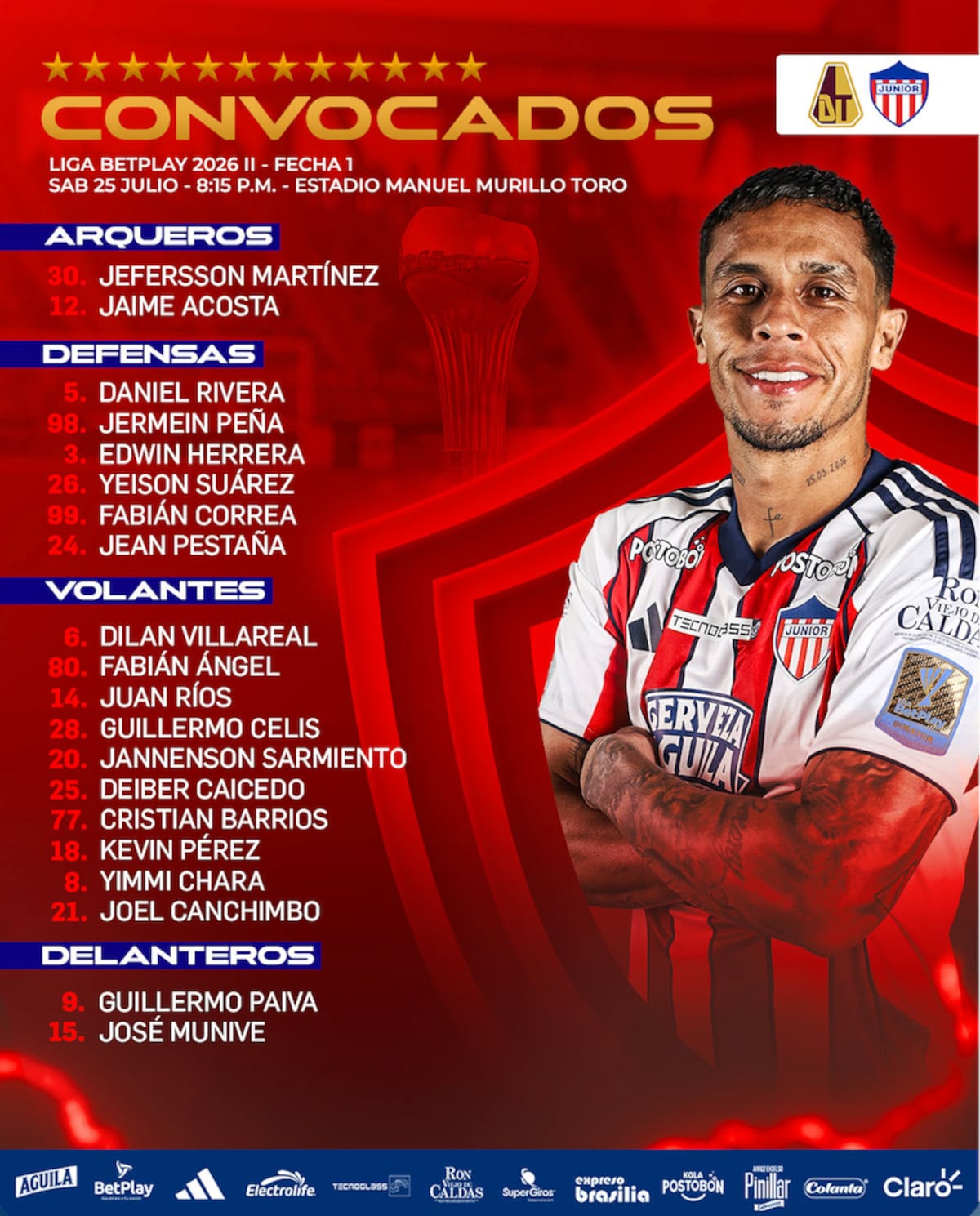 Esta es la lista de 20 jugadores que Junior de Barranquilla llevó a Ibagué para enfrentar al Deportes Tolima por la primera fecha de la Liga BetPlay Dimayor.//Cortesía @JuniorClubSA.