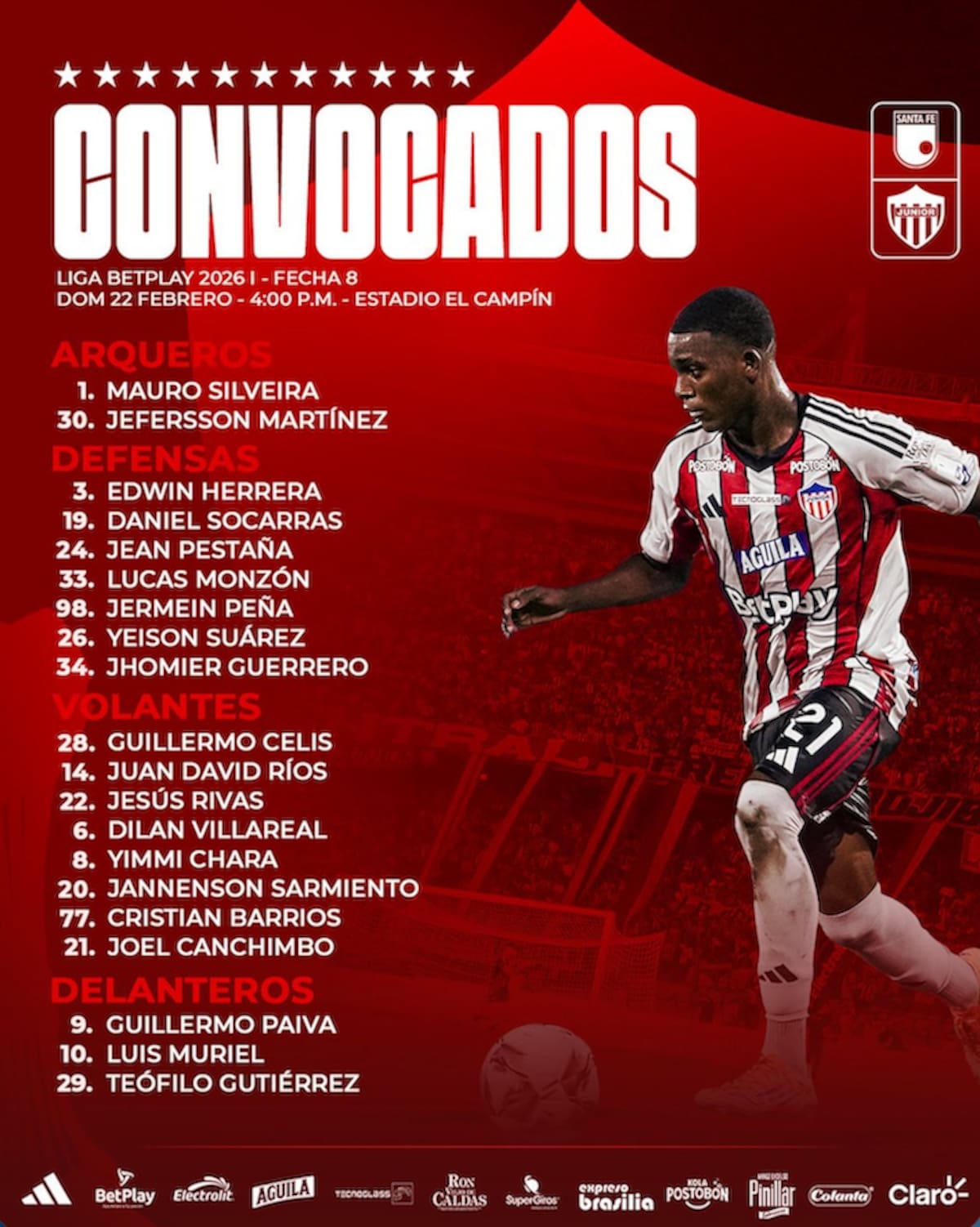 Esta es la lista de jugadores convocados por Junior para el partido de este domingo an te Independiente Santa Fe por la Liga BetPlay Dimayor.//Cortesía @JuniorClubSA.