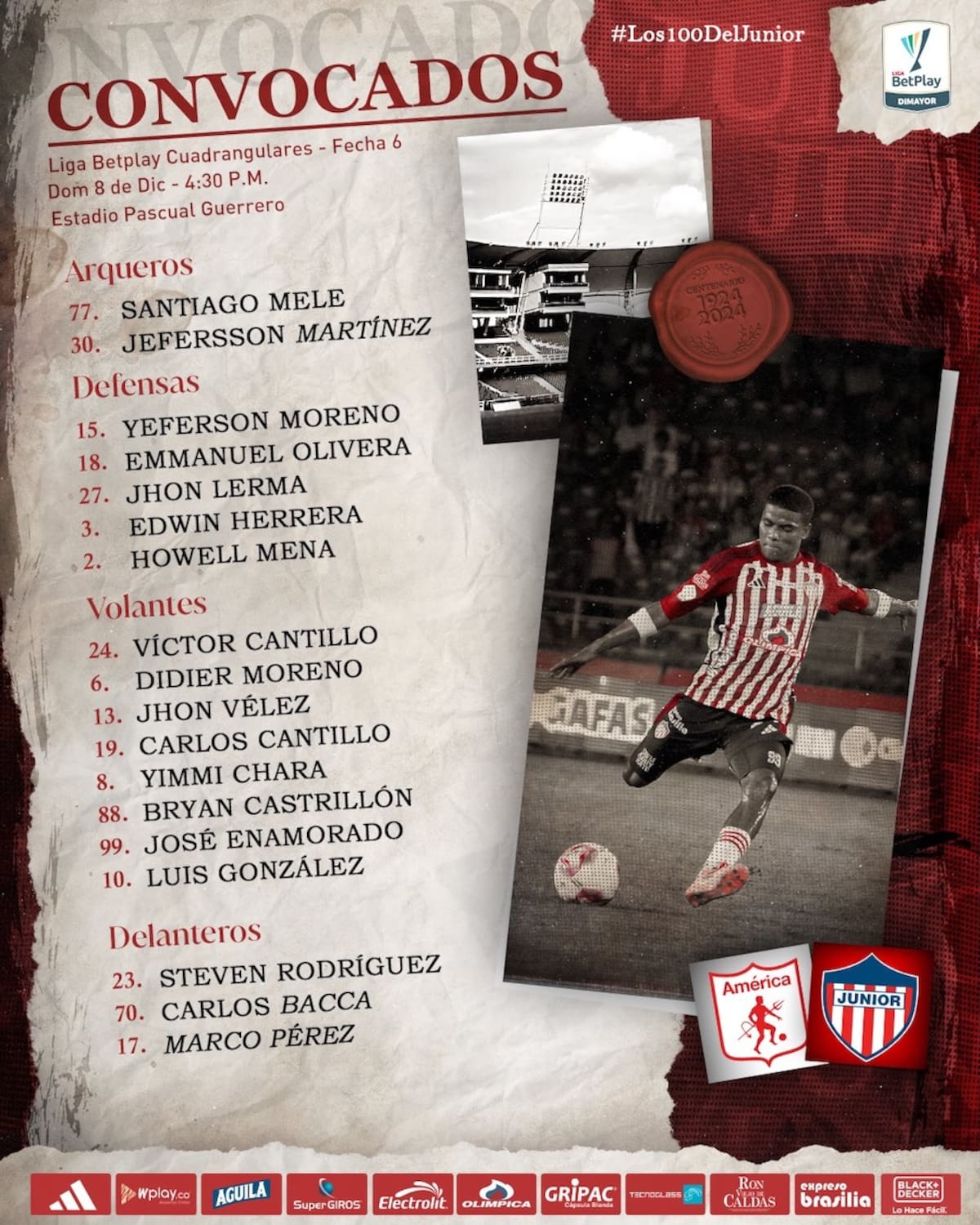 Esta es la lista de convocados por el técnico César Farías para afrontar este domingo el partido ante el América de Cali.//Cortesía.