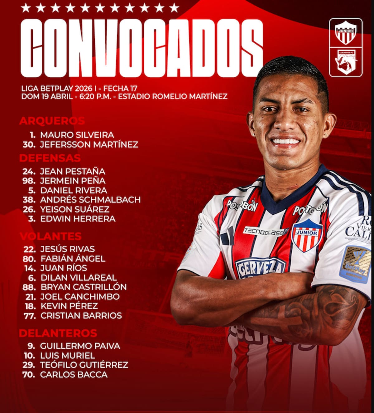 Esta es la lista de jugadores de Junior para el partido de este domingo frente a Llaneros FC en el estadio Romelio Martínez.//Cortesía @JuniorClubSA.