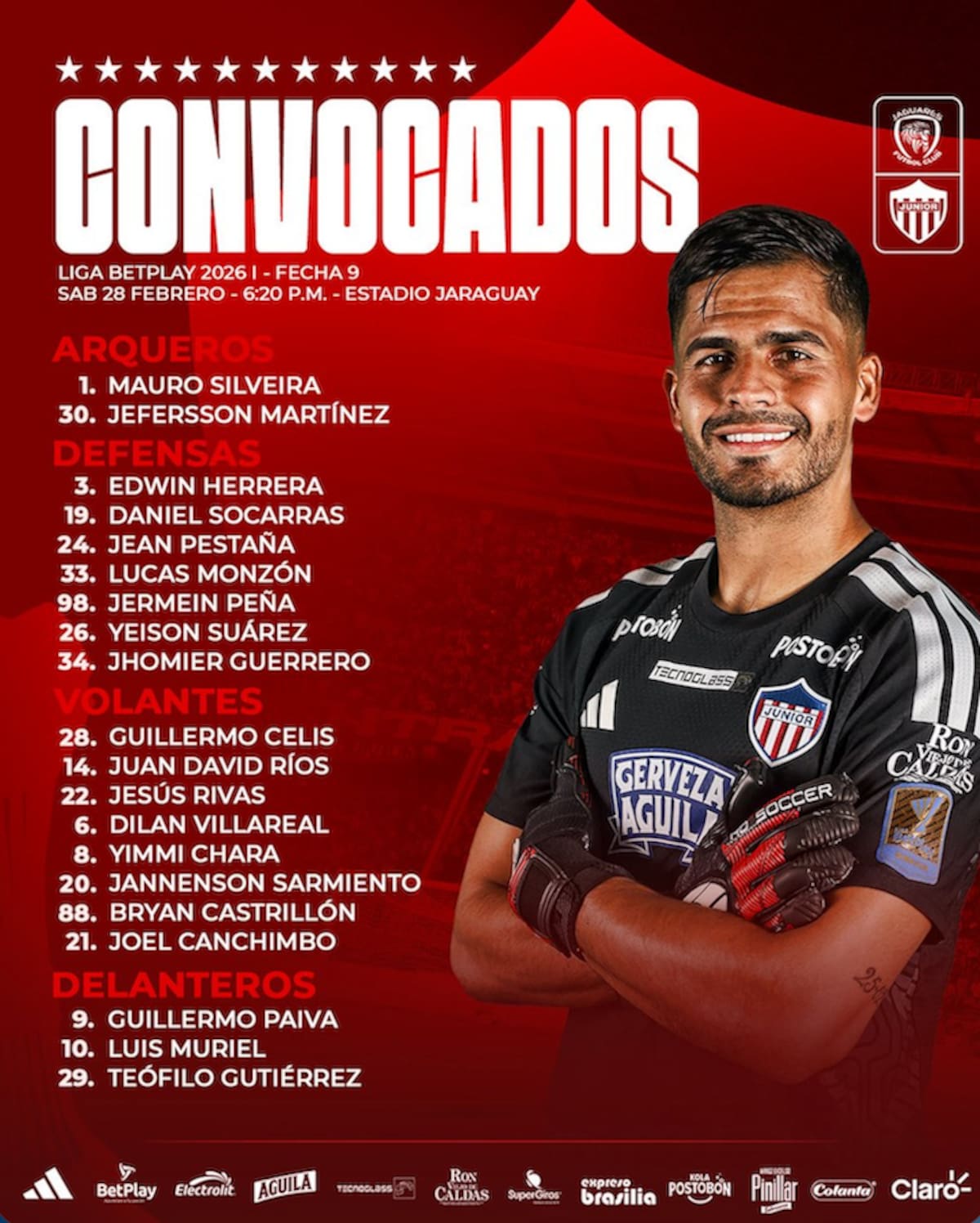 Estos son los 20 jugadores convocados por Junior para el partido de hoy sábado ante Jaguares de Córdoba por la Liga BetPlay.//Cortesía @JuniorClubSA.