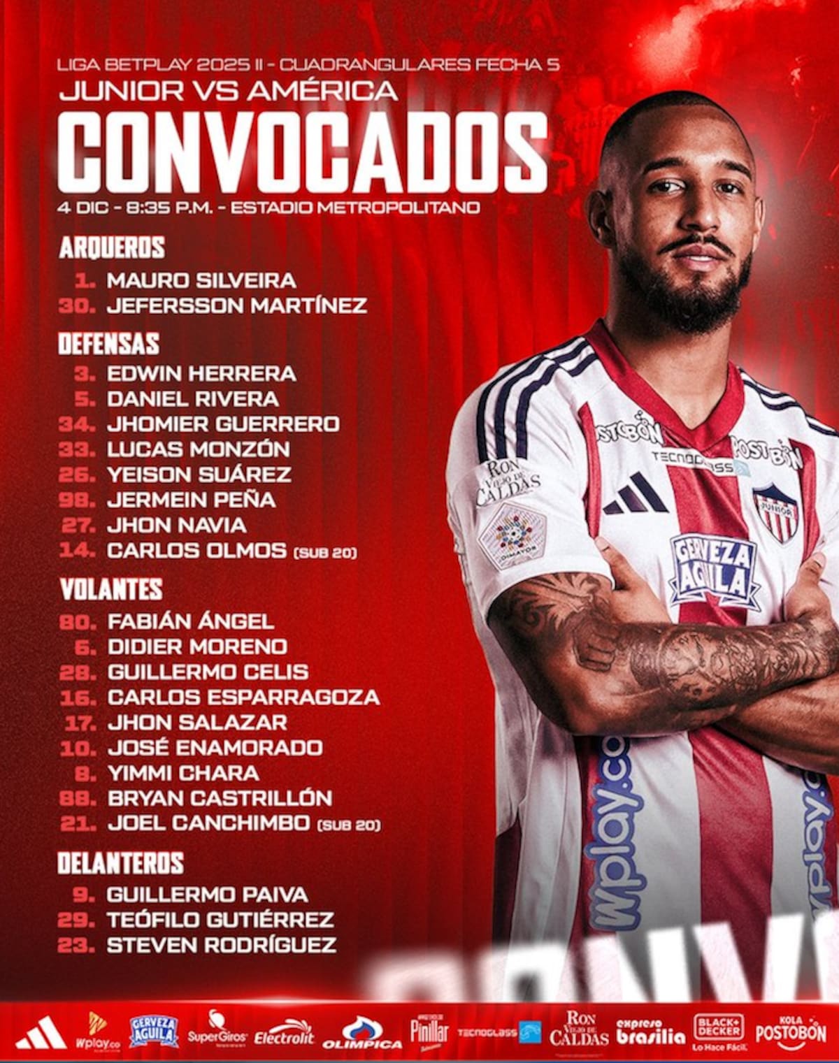Esta es la lista de jugadores de Junior de Barranquilla para el juego de este jueves ante el América de Cali en el estadio Roberto Meléndez.//Cortesía @JuniorClubSA.