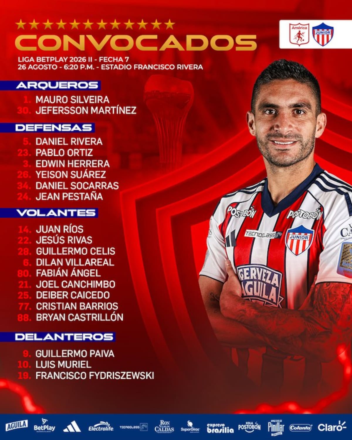 Lista de los jugadores de Junior de Barranquilla para el partido de este miércoles ante el América de Cali por la séptima fecha de la Liga BetPlay Dimayor.//Cortesía @JuniorClubSA.