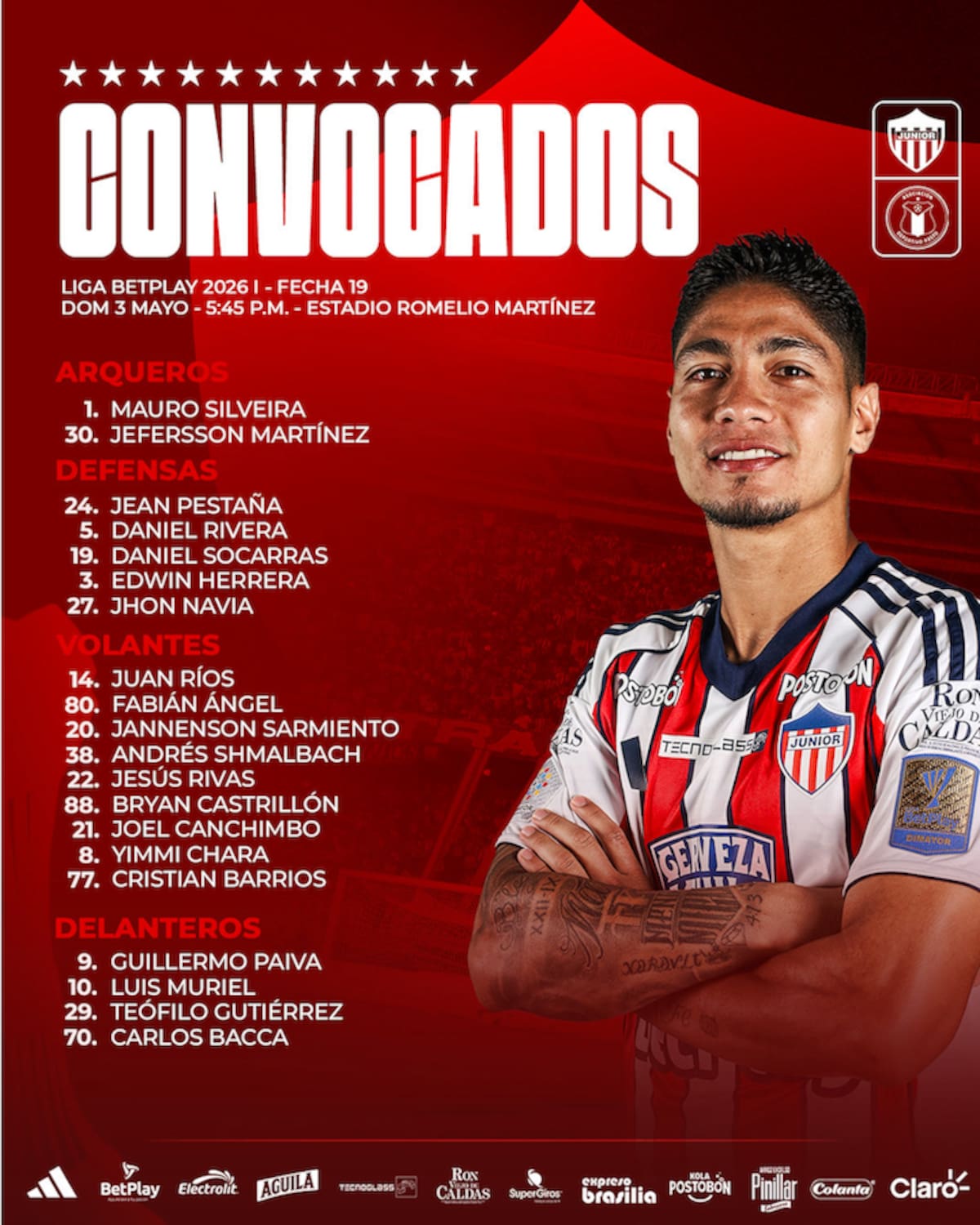 Esta es la lista de los 20 jugadores convocados por Junior para enfrentar este domingo al Deportivo Pasto. /Cortesía @JuniorClubSA.