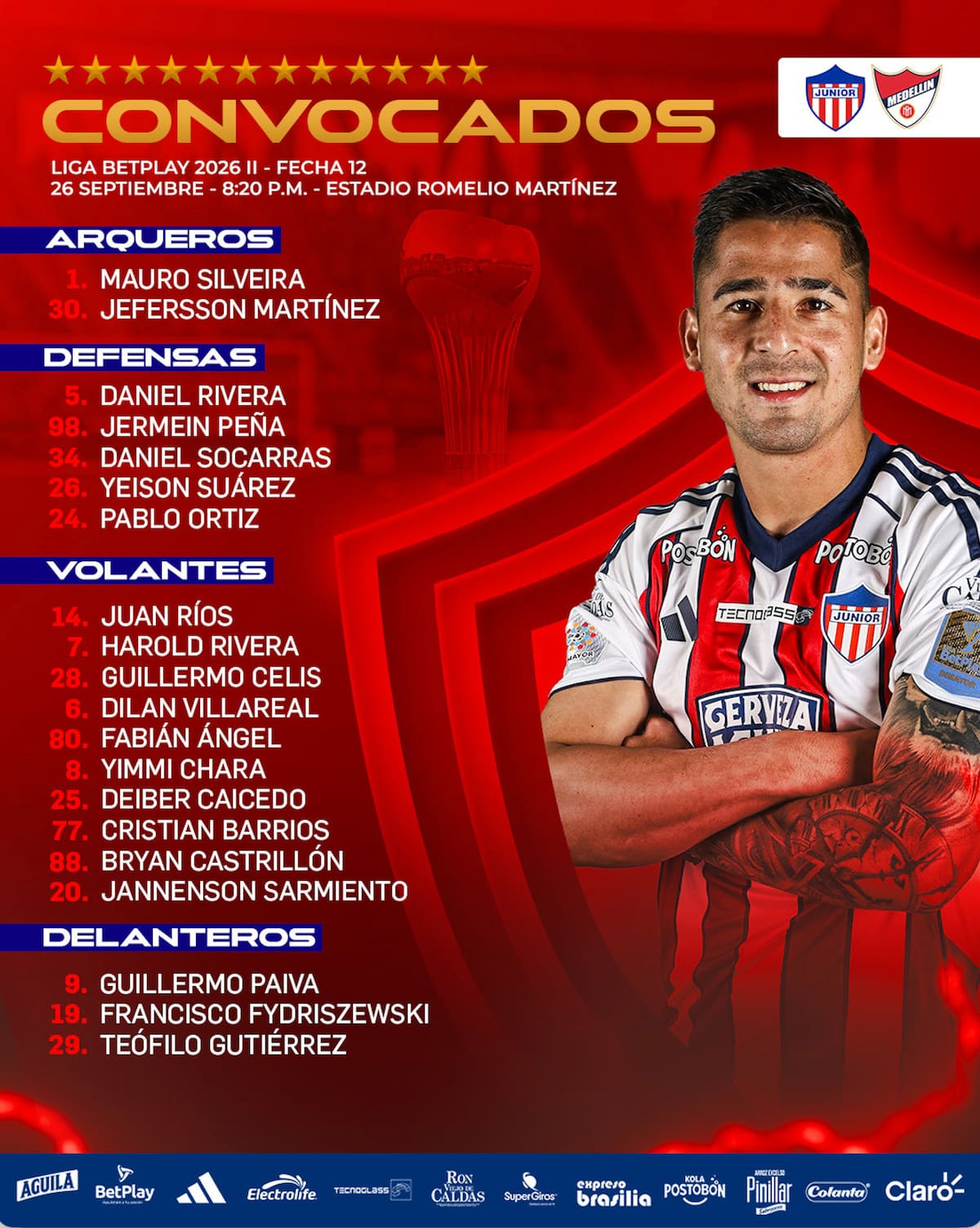 Esta es la lista de convocados por Junior para enfrentar este sábado al Independiente Medellín en el estadio Romelio Martínez.//Cortesía @JuniorClubSA.