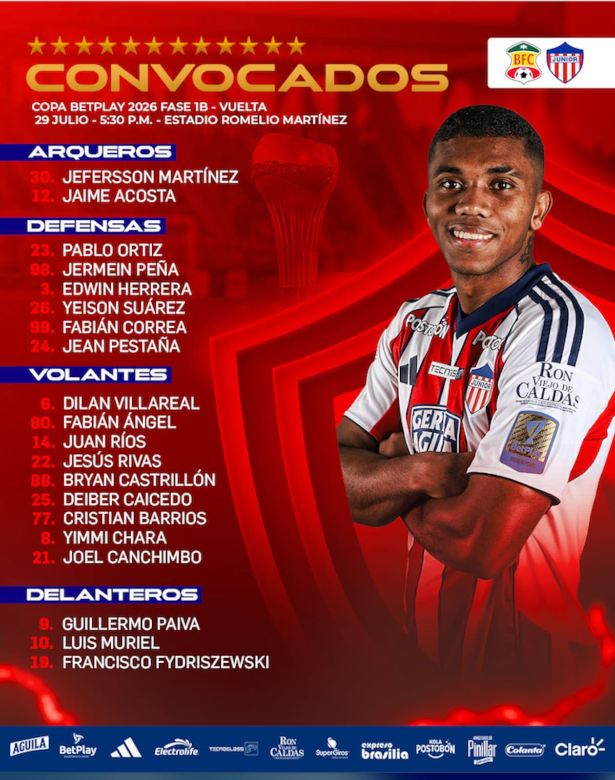 Esta es la lista de jugadores convocados por Junior para el partido de este miércoles frente al Barranquilla FC por la Copa BetPlay Dimayor.//Cortesía @JuniorClubSA.