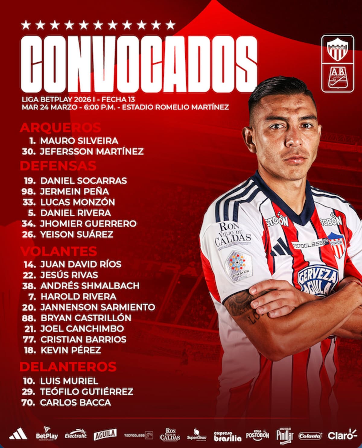 Esta es la lista de los 20 jugadores convocados por Junior para enfrentar este martes al Atlético Bucaramanga por la Liga BetPlay Dimayor.//Cortesía @JuniorClubSA.