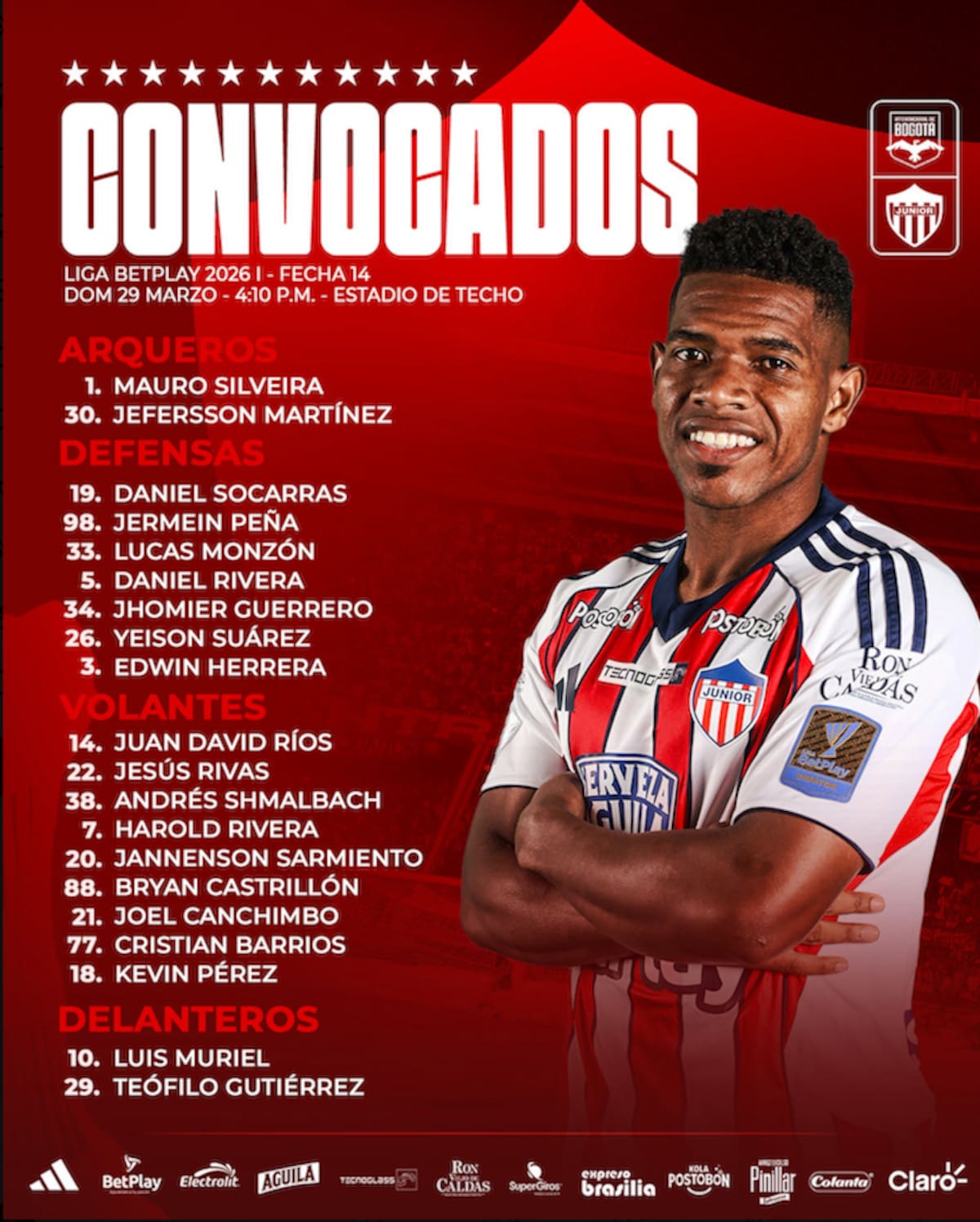 Estos los convocados por Junior de Barranquila para el partido de este domingo ante Internacional de Bogotá por al Liga BetPlay Dimayor.// Cortesía @JuniorClubSA.