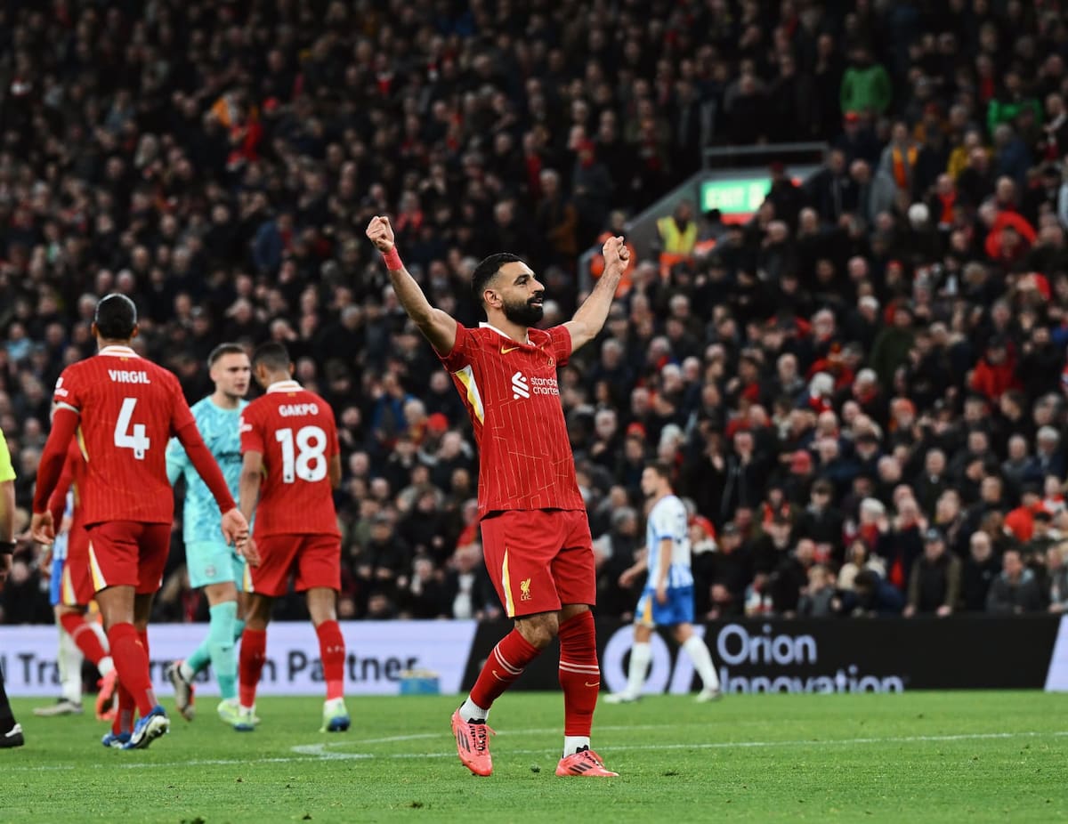El egipcio Mohamed Salah celebra una anotación en el partido contra el Brighton por la Premier League. // Foto: tomada de X @LFC.