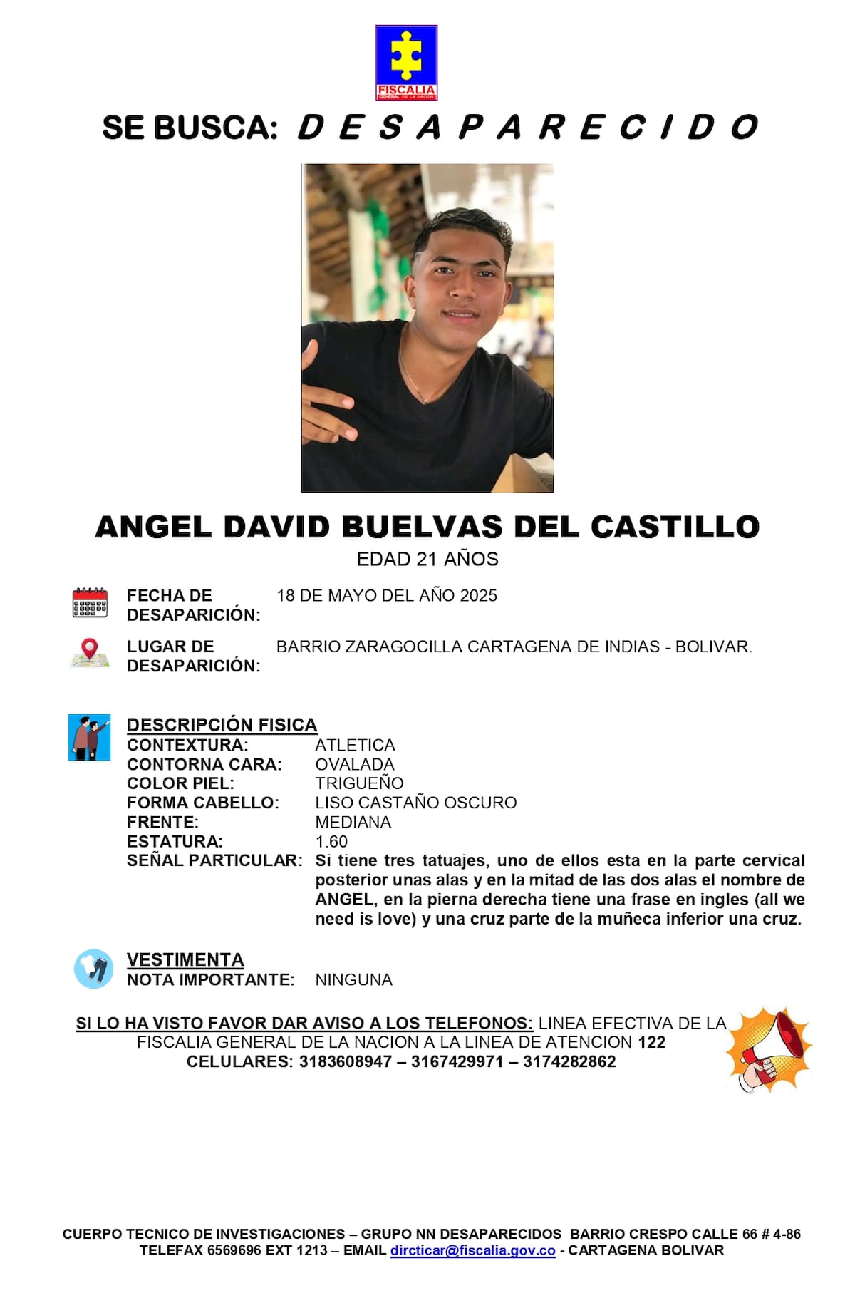 ¿Lo ha visto? A Ángel Buelvas lo buscan desde que desapareció en Zaragocilla. Foto: Fiscalía General