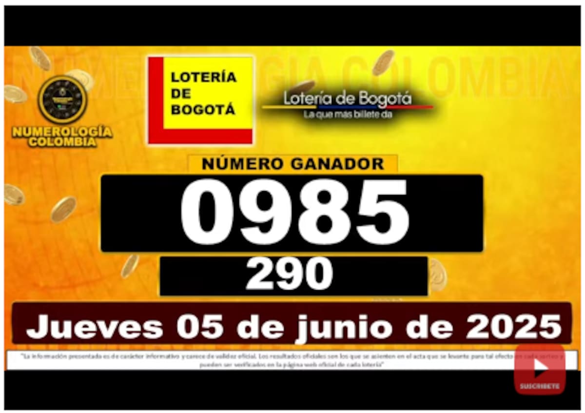 Resultado del sorteo de la Lotería de Bogotá del 5 de junio de 2025.