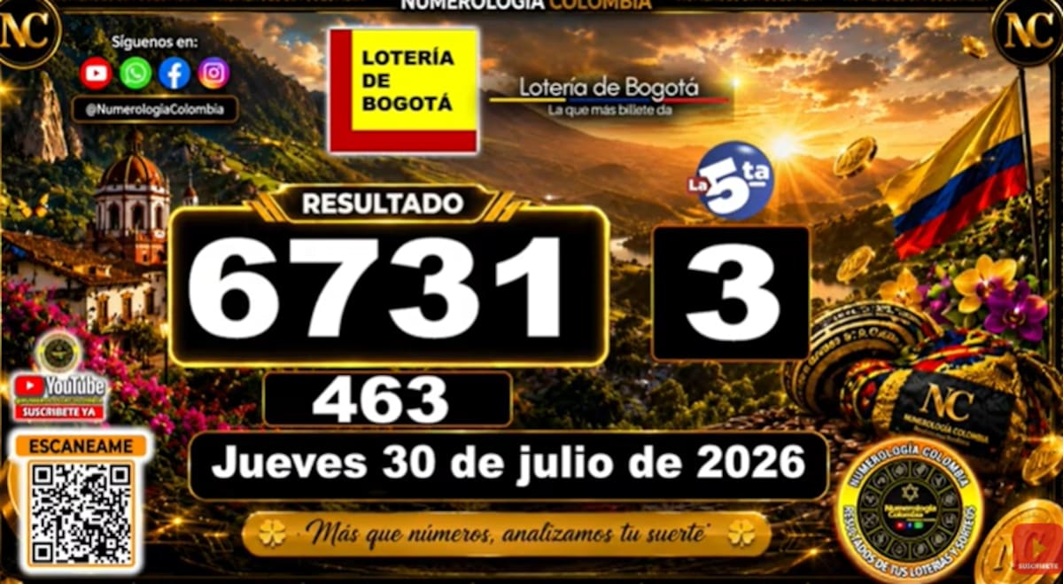 Lotería de Bogotá del 30 de julio de 2026. // Foto: captura de pantalla del canal de YouTube @NumerologíaColombia.