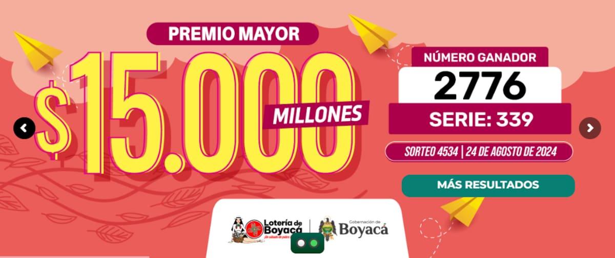 Sorteo de la Lotería de Boyacá 24 de agosto de 2024. // Captura de pantalla.