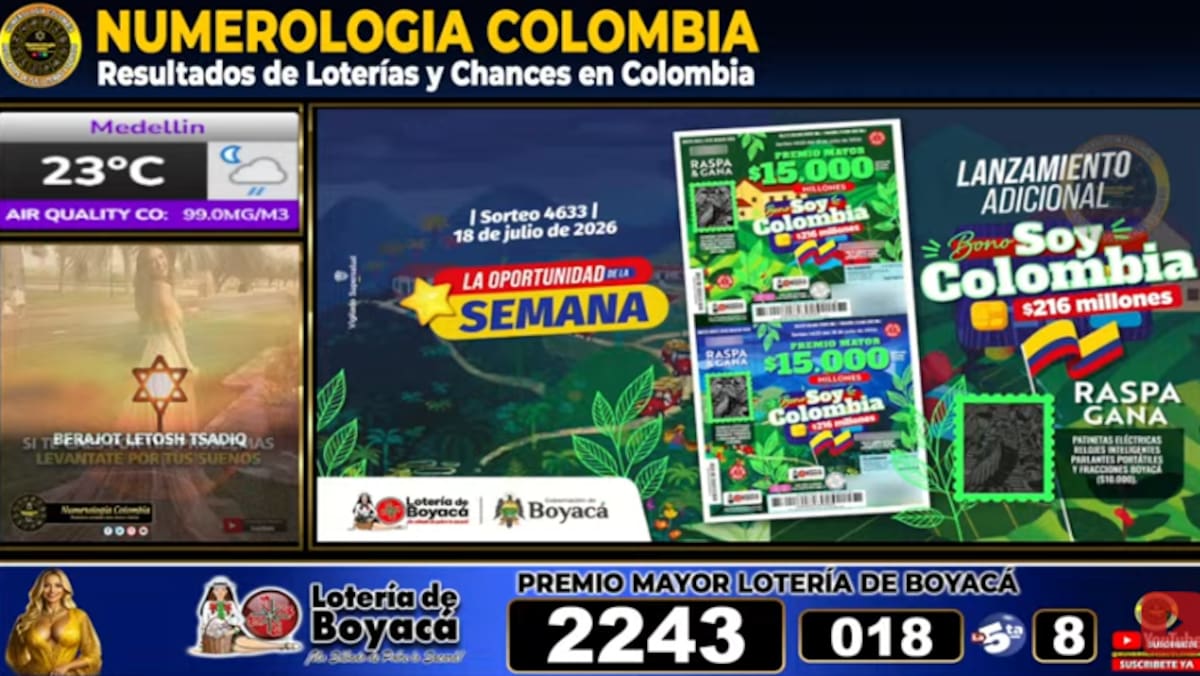 Lotería de Boyacá del 11 de julio de 2026. // Foto: ccaptura de pantalla del canal de YouTube @NumerologíaColombia.