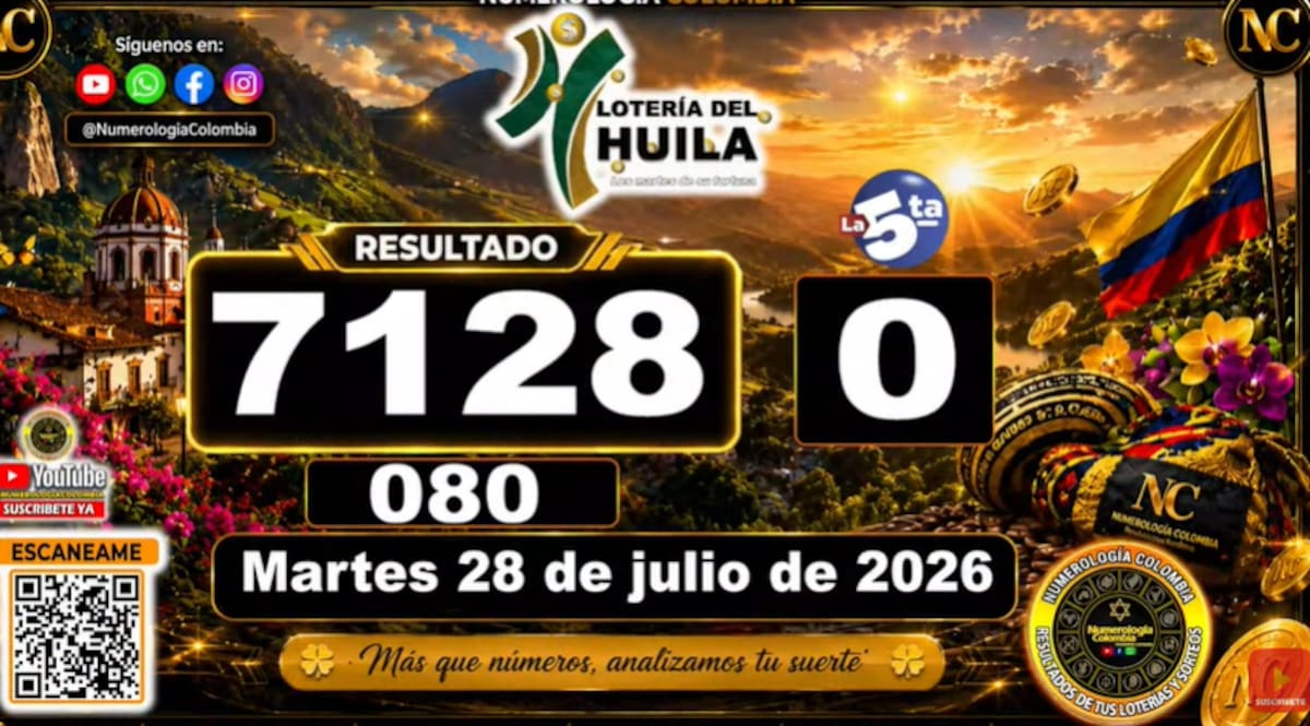 Lotería de Huila hoy 28 de julio de 2026. // Foto: captura de pantalla del canal de YouTube @NumerologíaColombia.