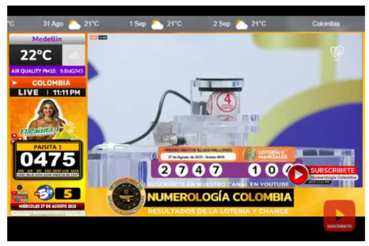 Resultado del sorteo de la Lotería de Manizales del 27 de agosto de 2025.