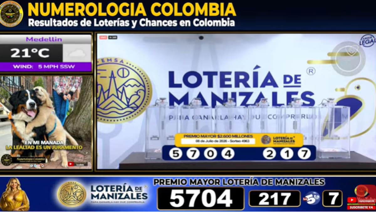 Lotería de Manizales del 8 de julio de 2026. // Foto: captura de pantalla del canal de YouTube @NumerologíaColombia.