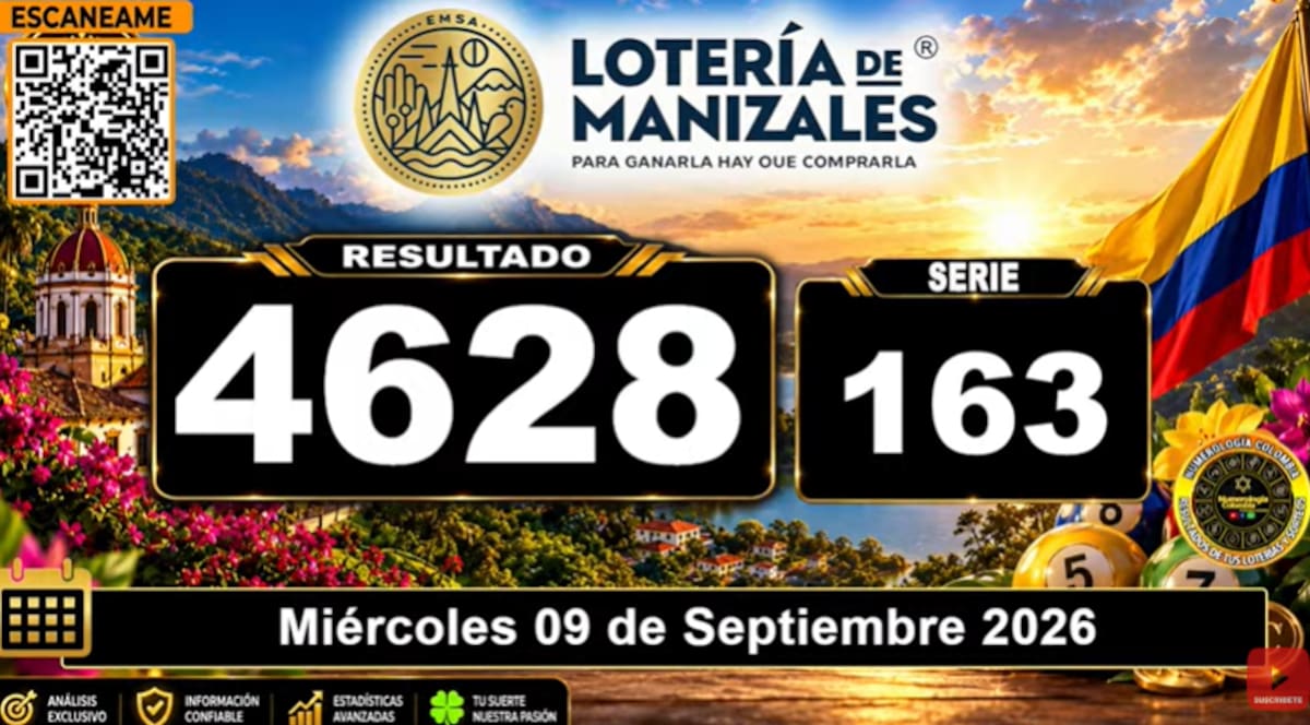 Lotería de Manizales del 9 de septiembre de 2026. // Foto: captura de pantalla del canal de YouTube @NumerologíaColombia.