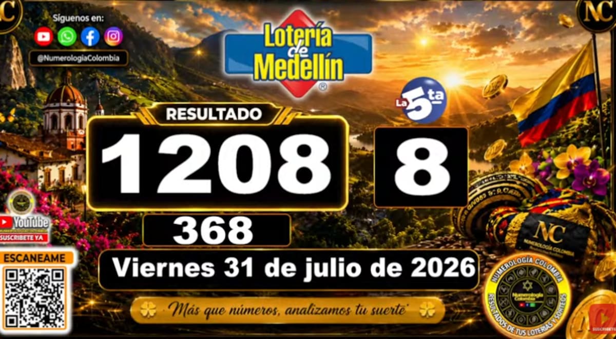 Lotería de Medellín del 31 de julio de 2026. // Foto: Foto: captura de pantalla del canal de YouTube @NumerologíaColombia.