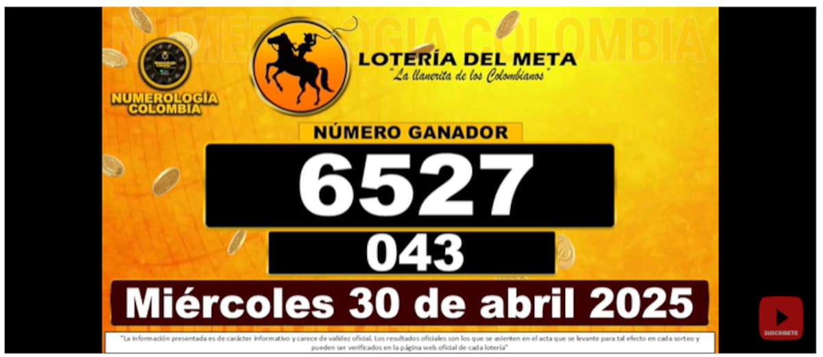 Resultados del sorteo de la Lotería del Meta del 30 de abril de 2025.
