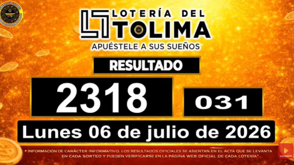 Lotería del Tolima del 6 de julio de 2026. // Foto: captura de pantalla