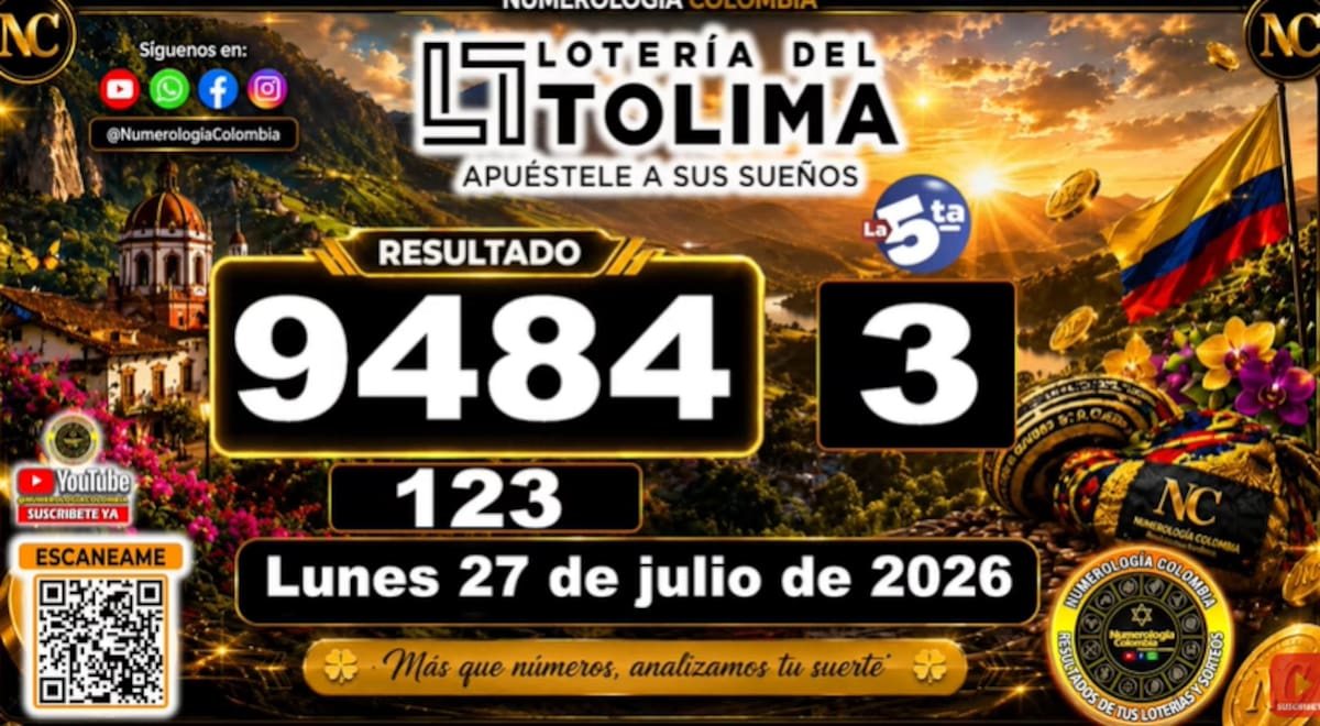 Lotería del Tolima del 27 de julio de 2026. // Foto: captura de pantalla del canal de YouTube @NumerologíaColombia.