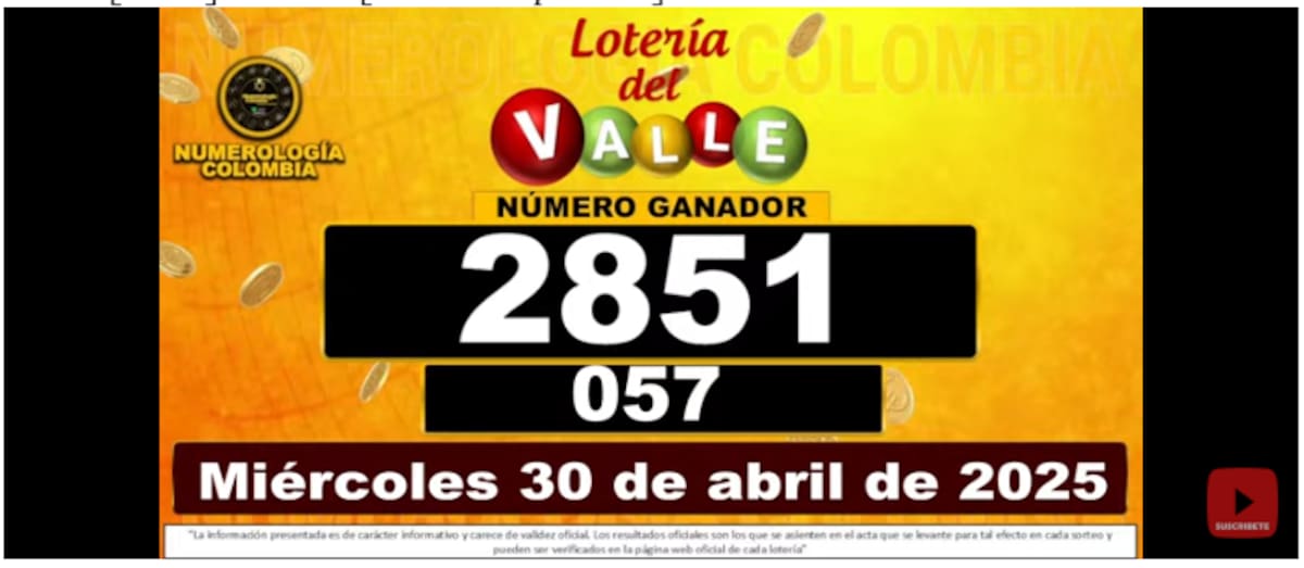 Resultado del sorteo de la Lotería del Valle del 30 de abril de 2025.