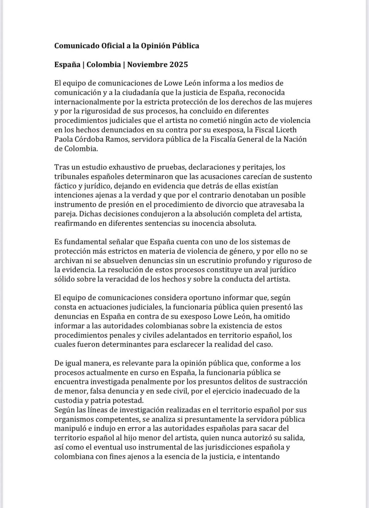 Comunicado sobre el caso de Lowe León y Liceth Córdoba. //Foto: Cortesía.