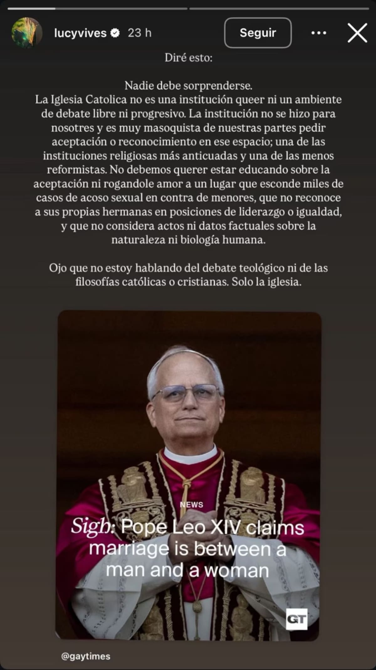 Lucy Vives opina sobre declaraciones del Papa frente a la comunidad LGBTIQ+. //Foto: IG @lucyvives.