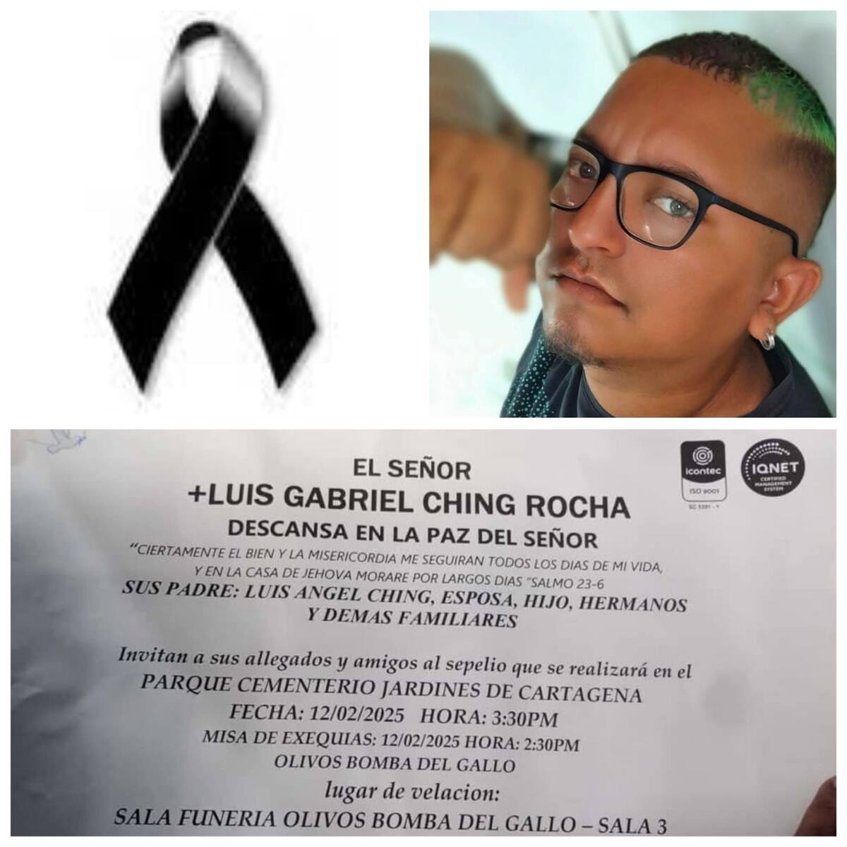 Las exequias de Luis Gabriel Ching Rocha se cumplirán en la tarde de este miércoles 12 de febrero en el Cementerio Jardines de Cartagena.