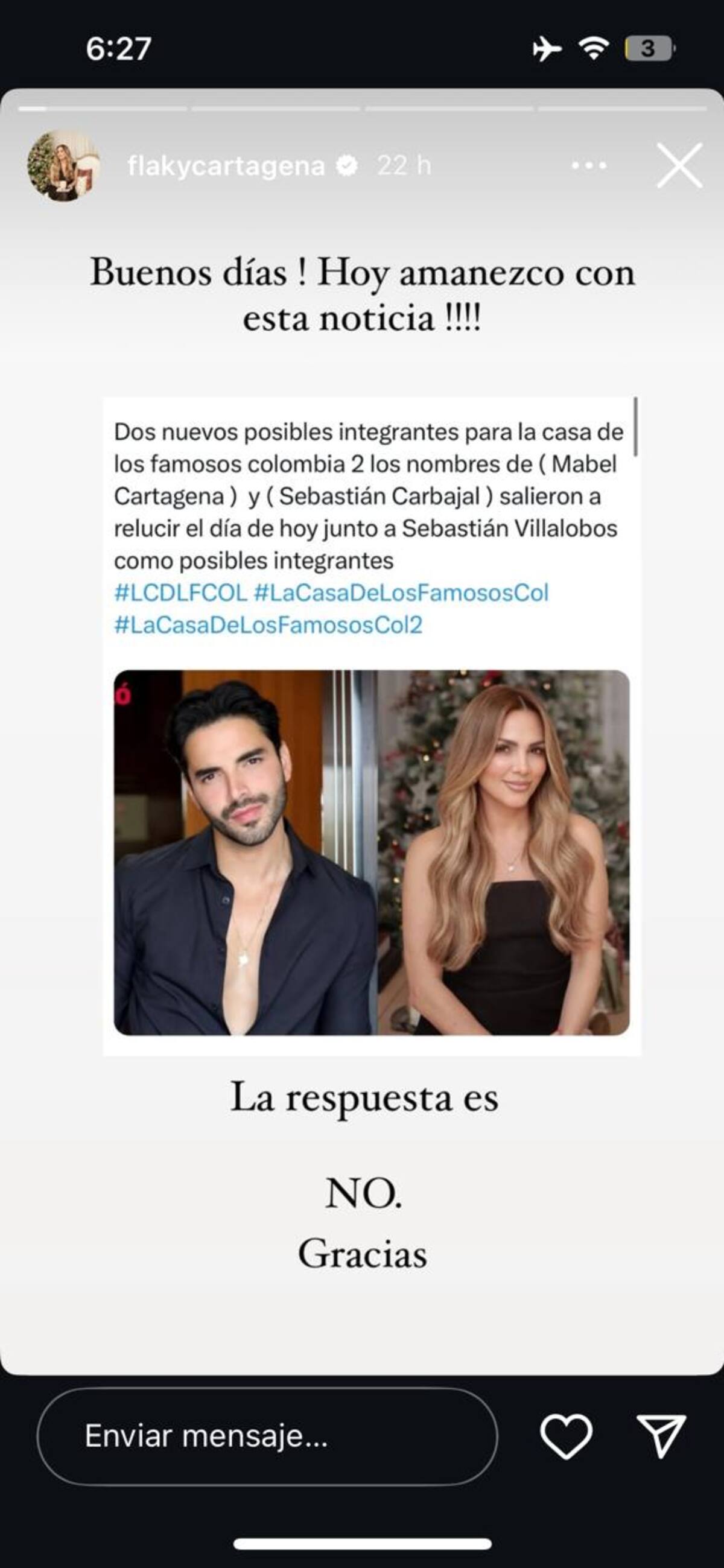 Mabel Cartagena se ha caracterizado por ser directa y franca con sus seguidores sobre su vida profesional y personal. //Foto: tomada de Instagram.