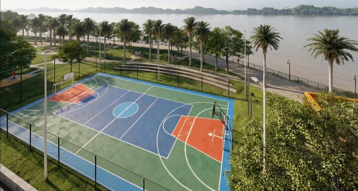 El Malecón de Todos, en Magangué, tendrá canchas deportivas. // Foto: Screenshot del video render por parte de la Gobernación de Bolívar.