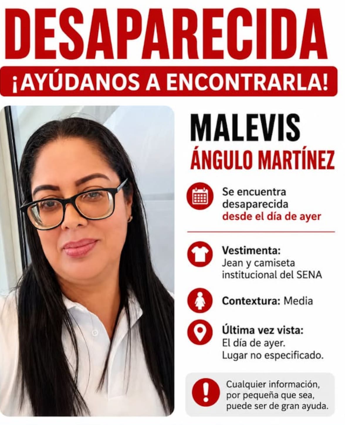 Con este afiche los familiares de Malevis Elena Angulo Martínez denunciaron. su desaparición en Usiacurí, Atlántico.//Cortesía Red de Cooperantes.