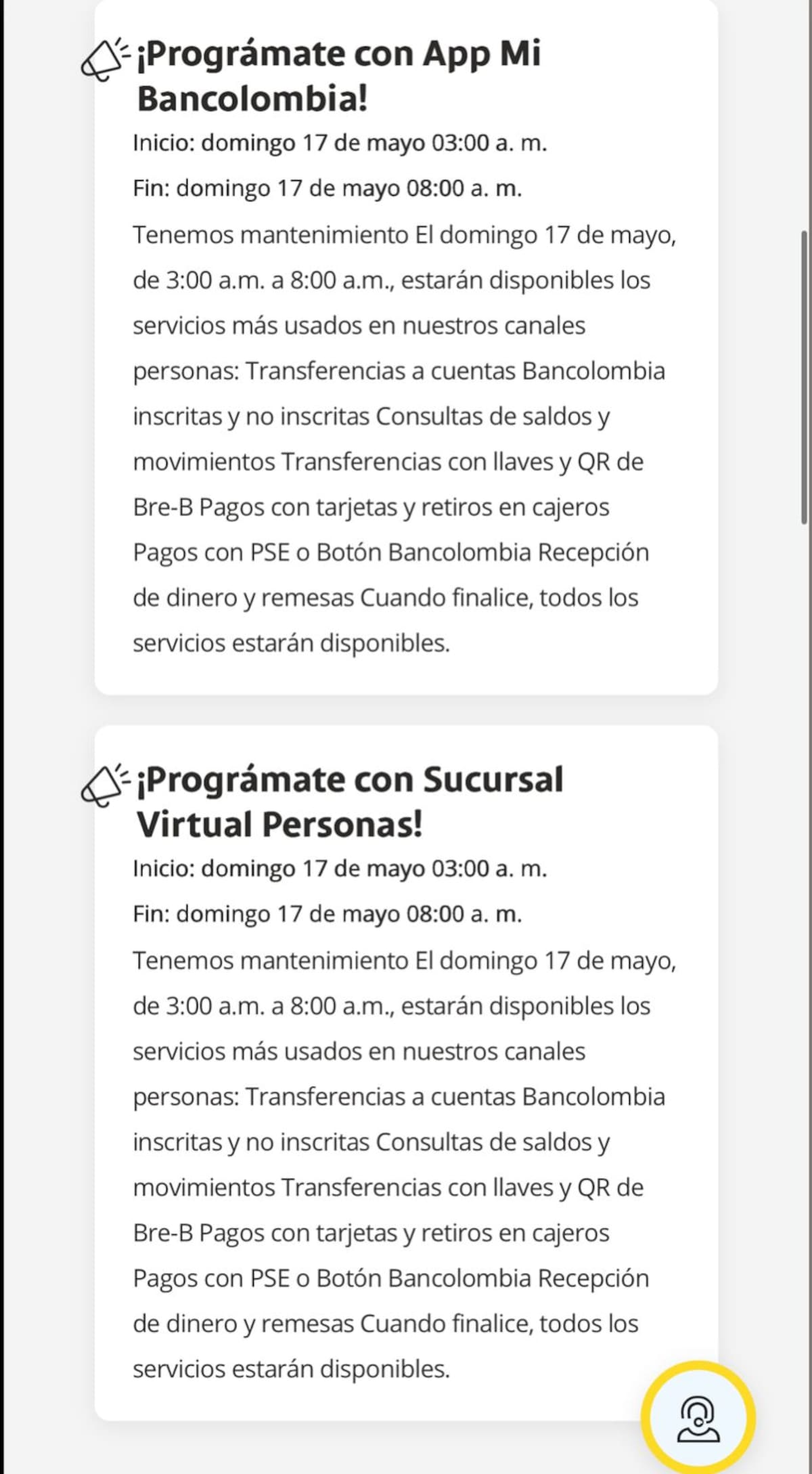 Bancolombia anunció mantenimientos durante la madrugada de este domingo, 17 de mayo. // Foto: captura de pantalla con fines informativos de la página web de Bancolombia