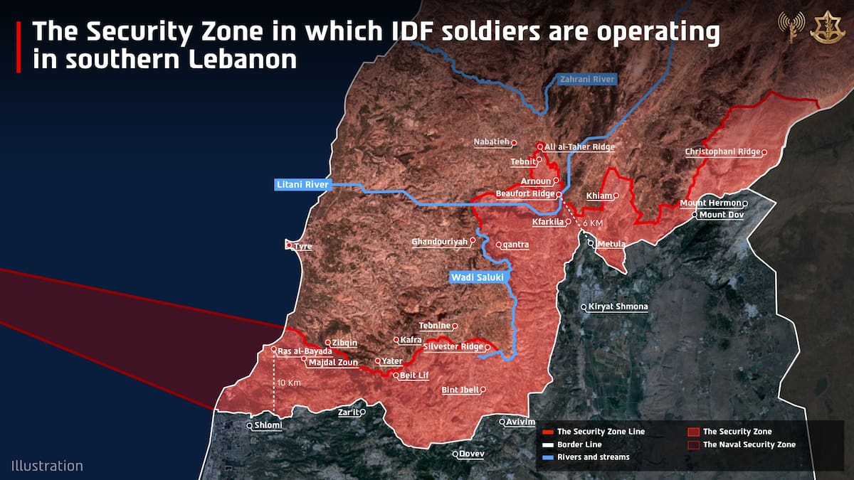 Mapa difundido por el Ejército de Israel del perímetro que invaden en el sur del Líbano. //EFE - Ejército de Israel.