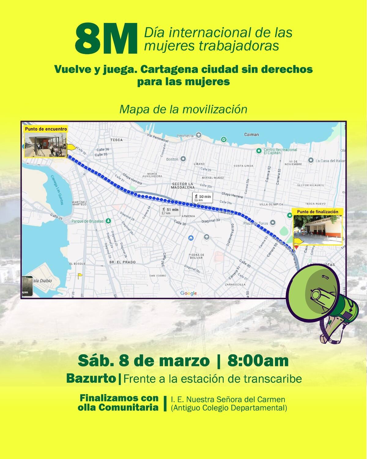 Recorrido de la marcha del Día Internacional de las Mujeres Trabajadoras en Cartagena.