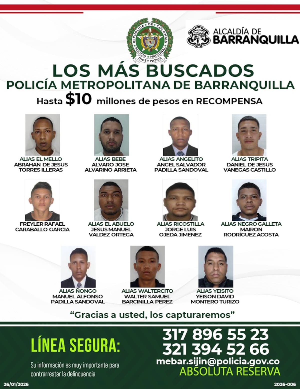 La Policía divulgó el cartel de los once más buscados para fortalecer la lucha contra estructuras criminales.//FOTO POLICÍA DE BARRANQUILLA.
