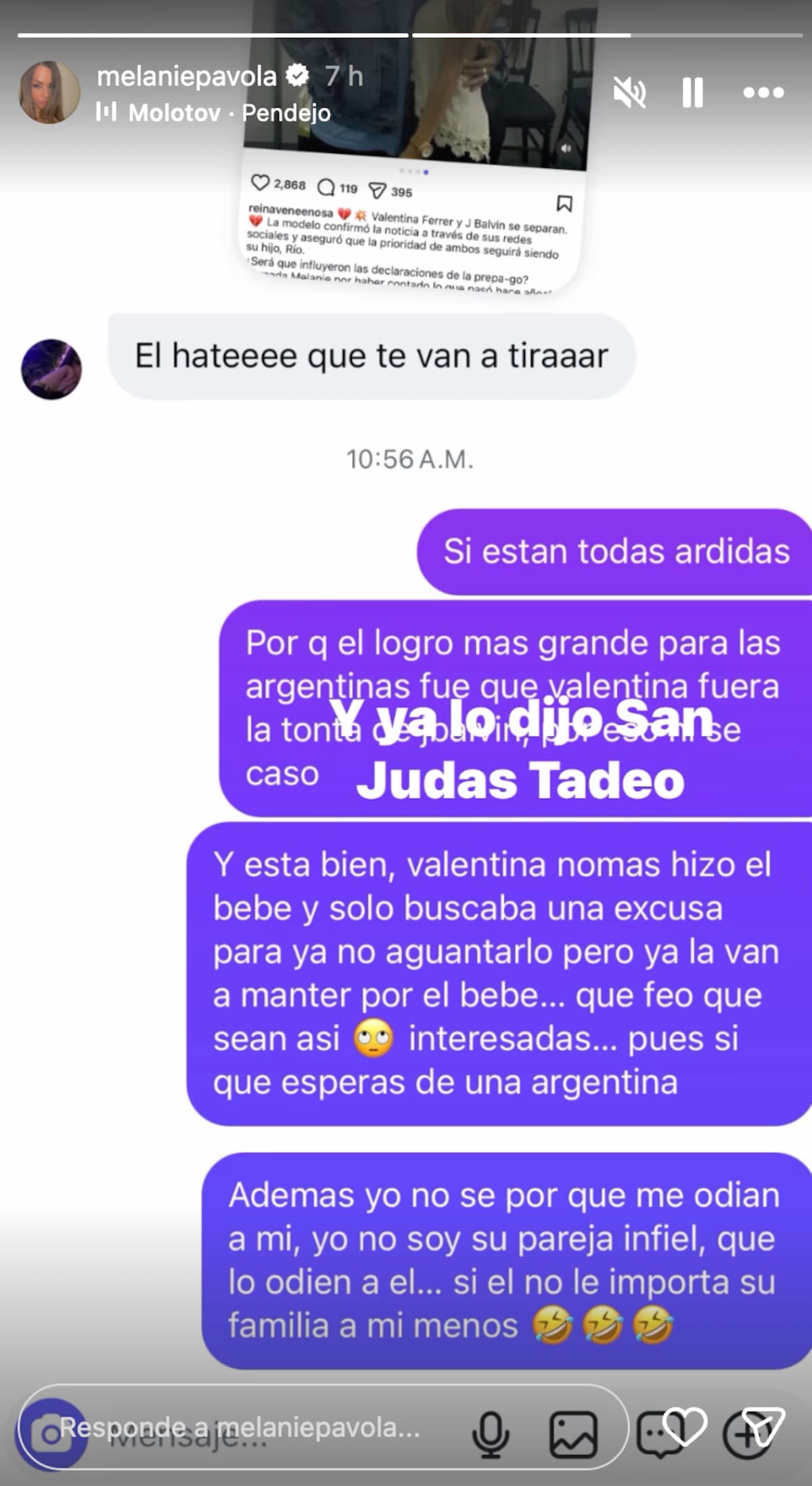Melanie Pavola reacciona a la separación de J Balvin y Valentina Ferrer. //Foto: @melaniepavola.