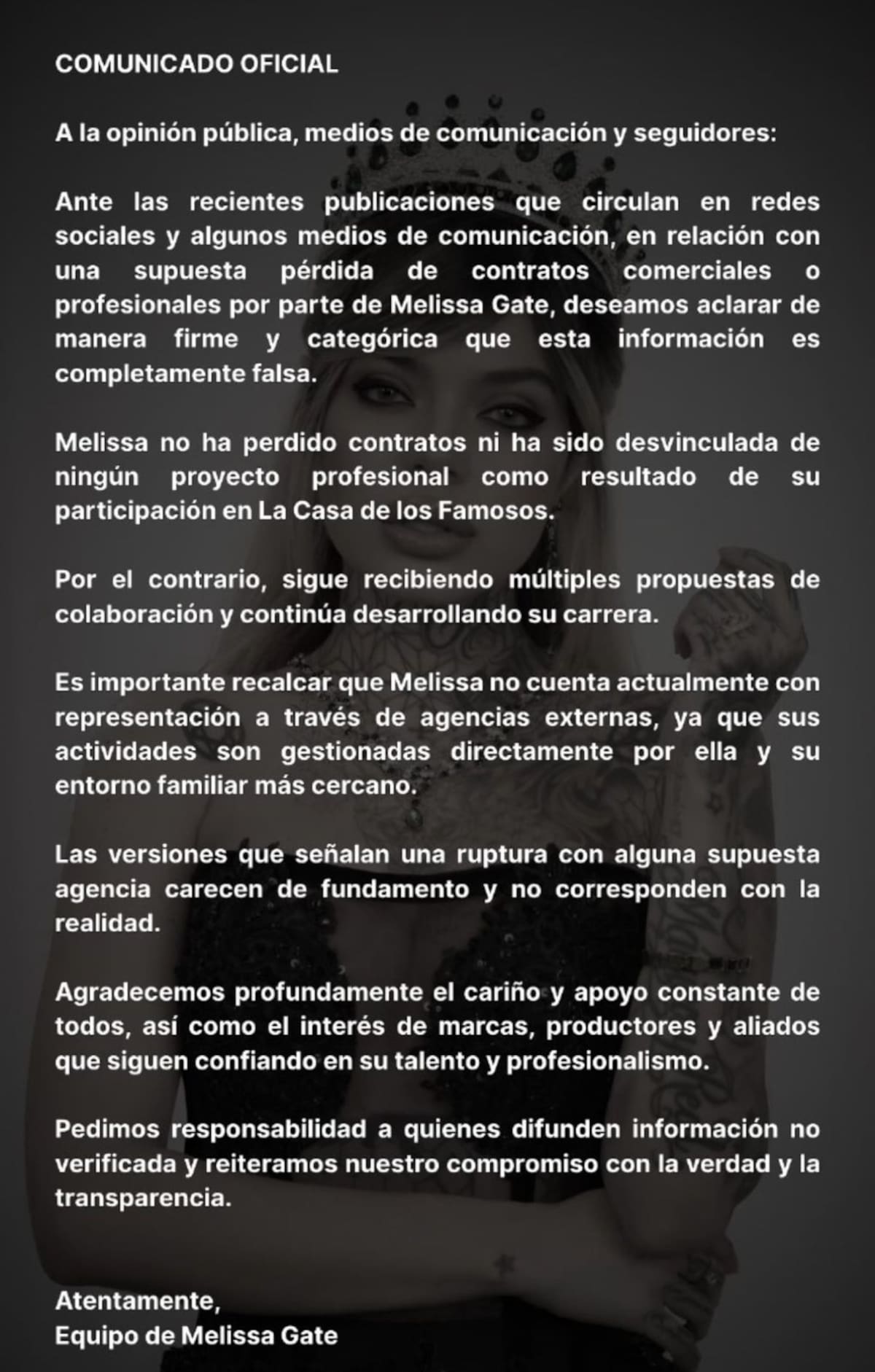Comunicado equipo de Melissa Gate. //Foto: IG @team_meligate.