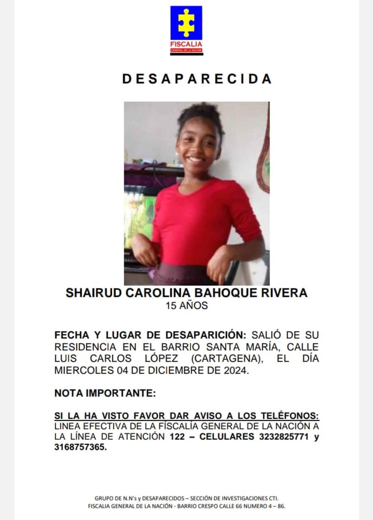 Menor desaparecida en Cartagena. Fiscalía la busca.