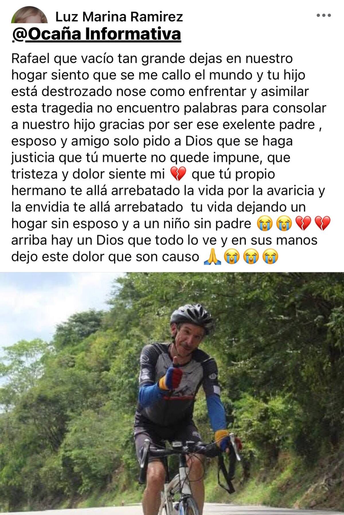 Mensaje de Luz Marina Ramírez, esposa de Rafael Salazar, asesinado en Ocaña.