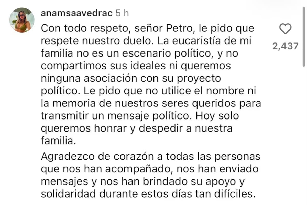 Mensaje de crítica de Ana María Saavedra, trilliza sobreviviente del terremoto, a Gustavo Petro. // Foto: captura de pantalla - IG.