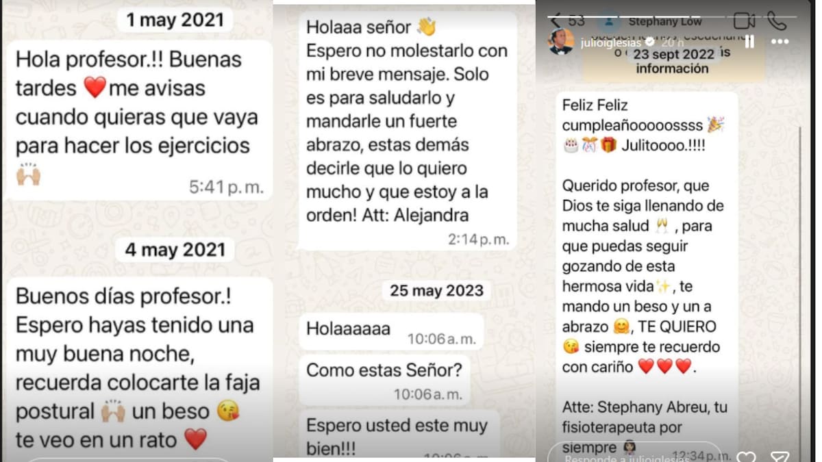 Mensajes de WhatsApp revelados en las historias de Instagram de Julio Iglesias. // IG @julioiglesias